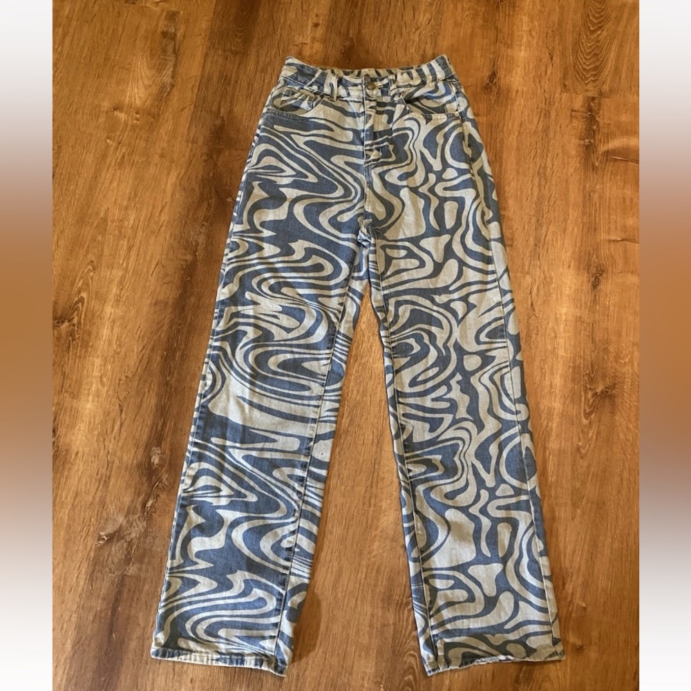 F.A. Shion Boot Cut Denim Pants with Blue Swirls Size 2 25” Waist